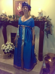 full view Peacock Blue Regency gown