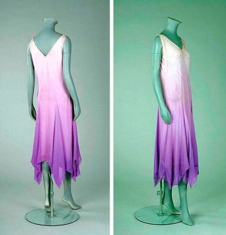 Madeleine Vionnet lilac ombré chiffon bias-cut cocktail gown, ca. 1927. Simple slip-like gown with slightly ruched bodice to either side of the central inset point. Skirt falls in gored handkerchief pleats, the V-neckline and armholes edged with simple silver picot thread, integral petticoat.