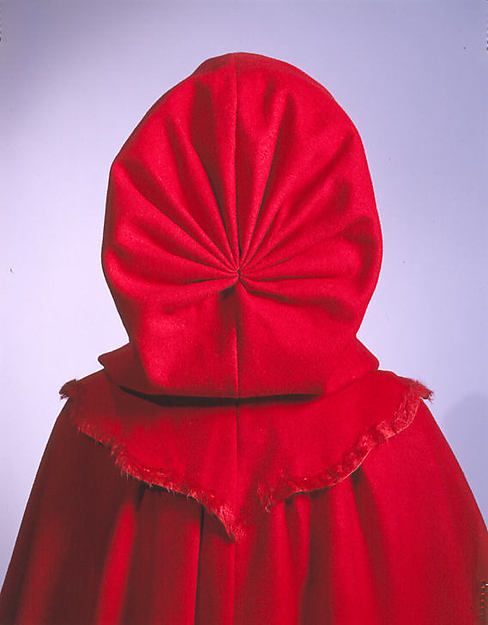 Cloak, 1770, red wool with wool plush trim, hood detail