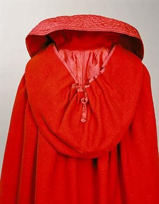 1800 red wool cloak, silk lined hood with inner collar
